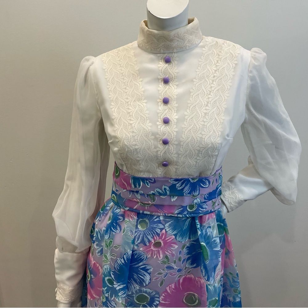 VINTAGE White Purple Blue & Pink Floral Print 60s 70s Belted Maxi Dress - Picture 3 of 15